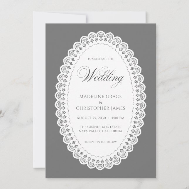 Invitación Boda de encaje vintage gris y blanco (Anverso)