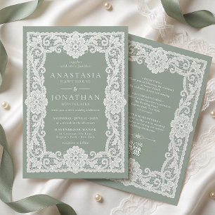 Invitación Boda de encaje vintage verde salvia