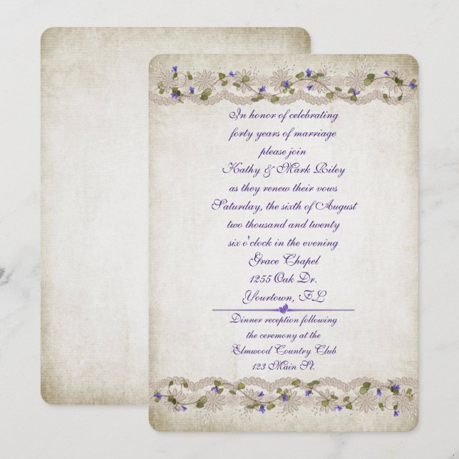 Invitación Boda de encaje y frontera de hiedra (Anverso / Reverso)