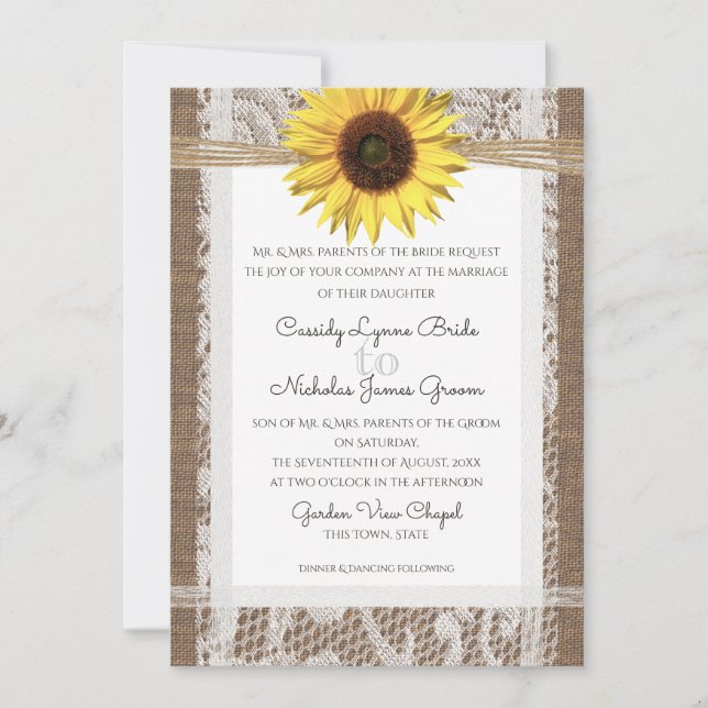 Invitación Boda de encaje y girasol ruso (Anverso)