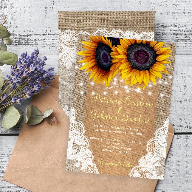 Invitación Boda de encaje y luces de girasoles en el campo (Subido por el creador)