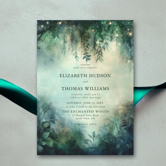 Invitación Boda de Encantado Forestal Verde Lámparas de hadas (enchanted forest wedding invitation elegant magical fairy garden foliage greenery overhanging vines)
