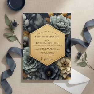 Invitación Boda de Encantamiento Floral Azul Marino Profundo