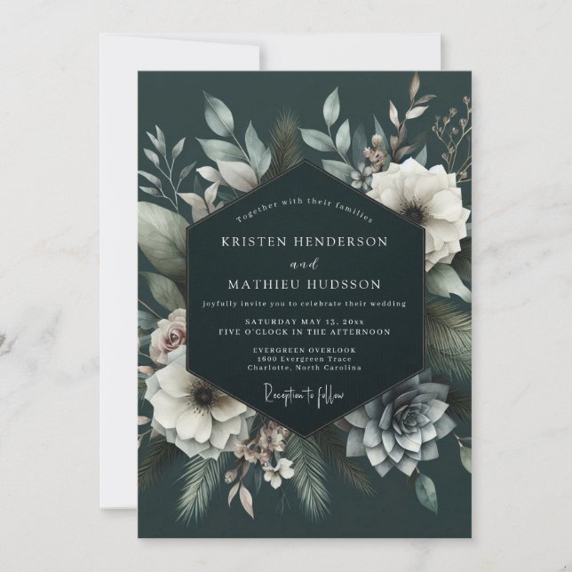 Invitación Boda de Encantamiento Floral Verde Teal Profundo (Anverso)