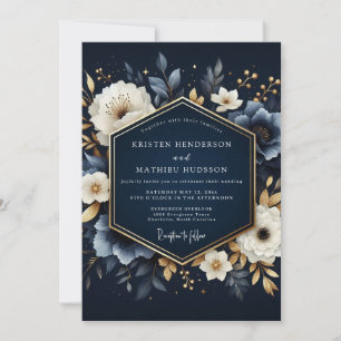 Invitación Boda de Encantamiento Florecido de Azul Marino
