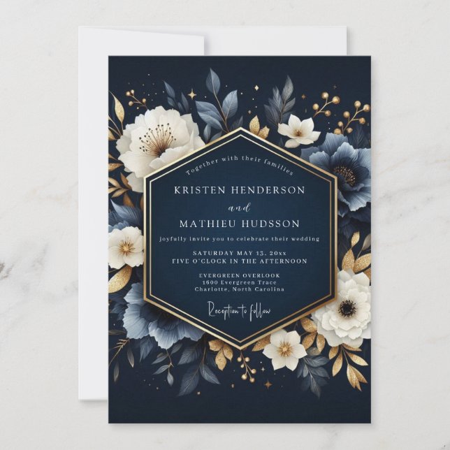 Invitación Boda de Encantamiento Florecido de Azul Marino (Anverso)