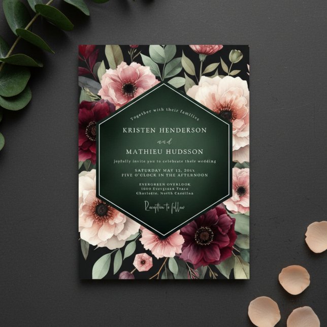 Invitación Boda de Encanto Floral de Borgoña Profundo (Subido por el creador)