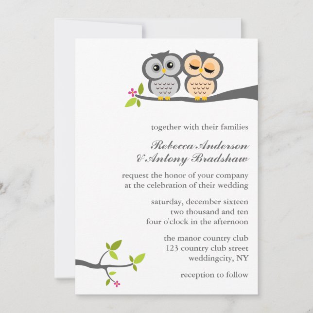 Invitación Boda de encargo de los búhos preciosos (Anverso)