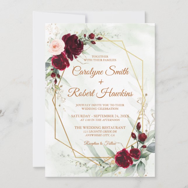 Invitación Boda de energía geométrica de oro rojo Rubor Burgu (Anverso)