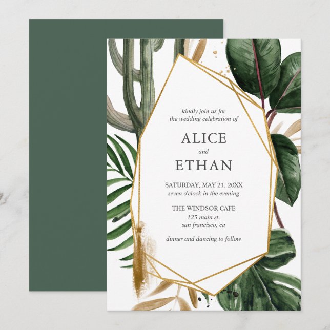 Invitación Boda de energía geométrica tropical (Anverso / Reverso)
