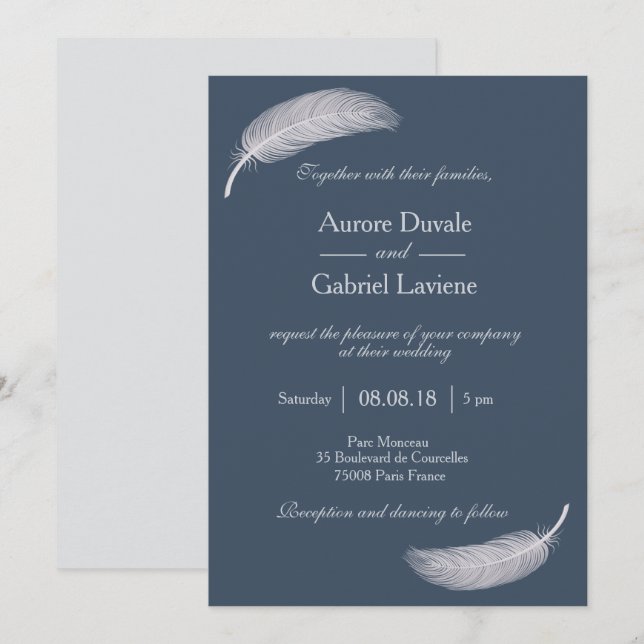Invitación Boda de energía positiva gris azul de plumas (Anverso / Reverso)