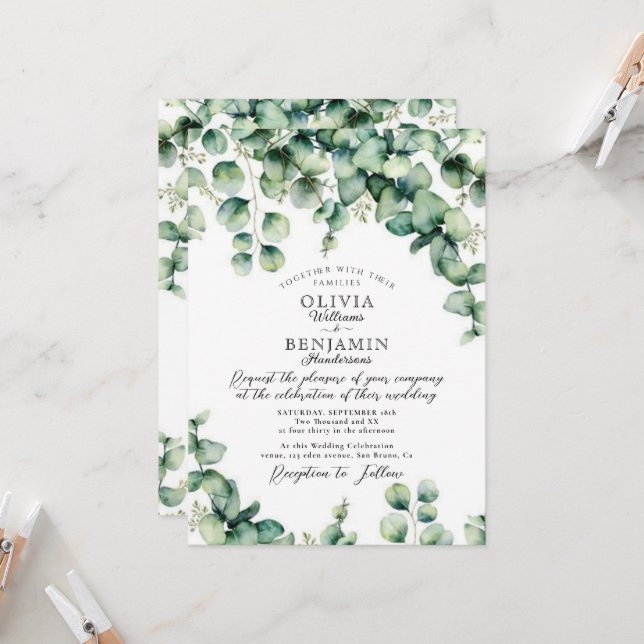 Invitación Boda de energía verde de la acuarela del presupues (Anverso/Reverso In Situ)