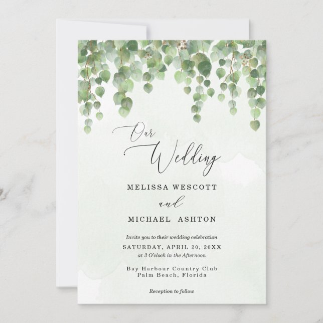 Invitación Boda de energía verde Eucalyptus acuarela en casca (Anverso)