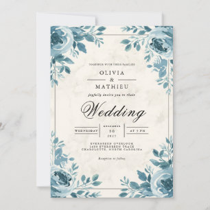 Invitación Boda de énfasis de esquina floral azul Misty