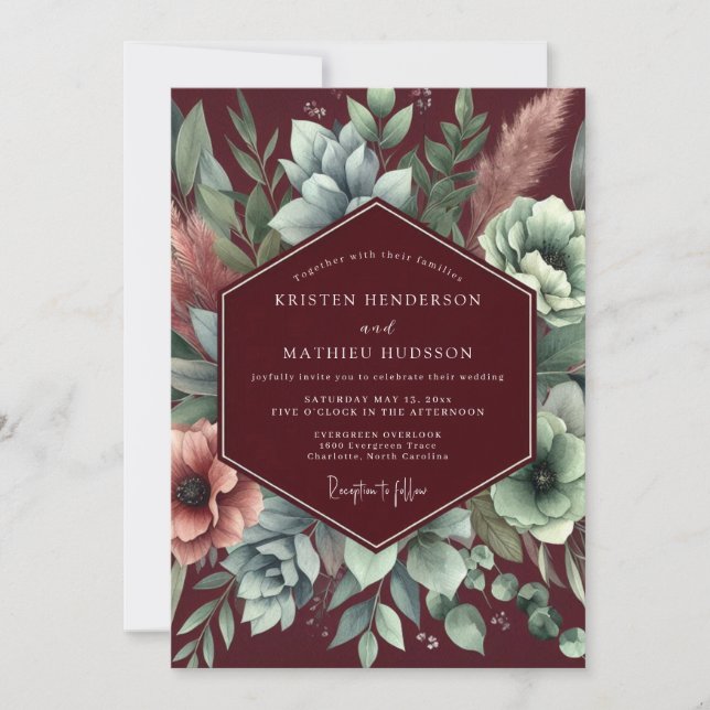 Invitación Boda de ensamblaje floral de Borgoña (Anverso)