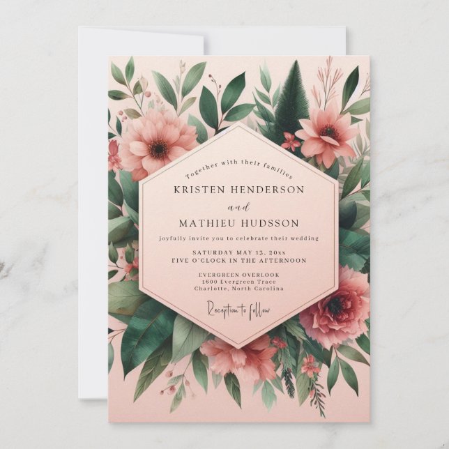 Invitación Boda de Ensamblaje Floral Rosado (Anverso)