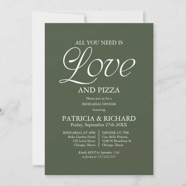 Invitación Boda de Ensayo de Pizza Verde Bosque Moderno (Anverso)