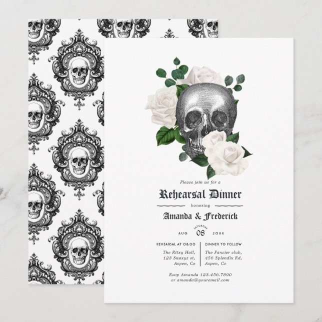 Invitación Boda de Ensayo Floral Blanco Gótico (Anverso / Reverso)