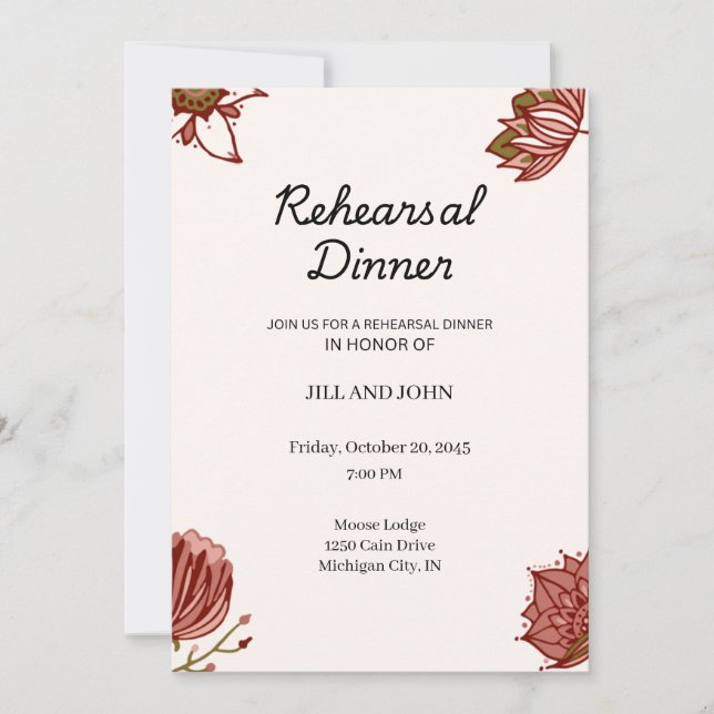 Invitación Boda de Ensayo Floral Rojo Rústico (Anverso)