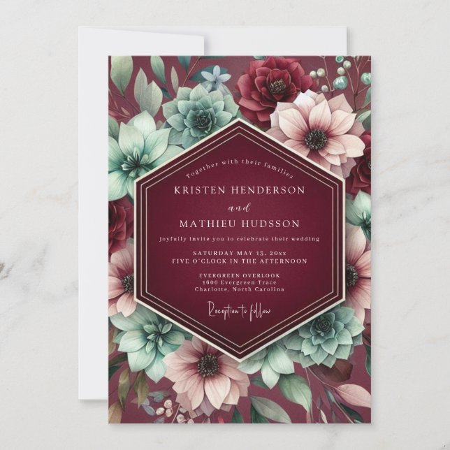 Invitación Boda de ensueño botánico de Borgoña (Anverso)
