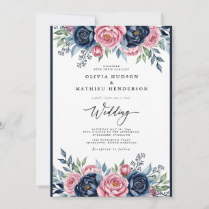 Invitación Boda de Ensueño Botánico Rosa y Azul Marino