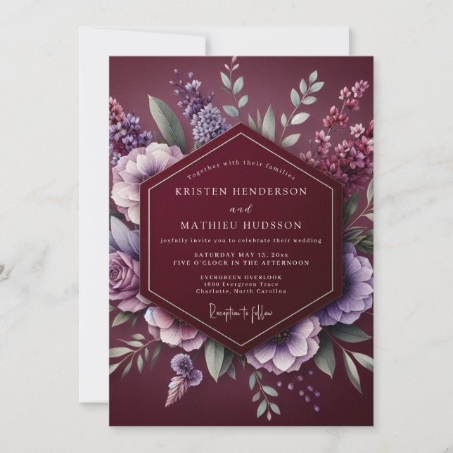 Invitación Boda de ensueño floral borgoña (Anverso)