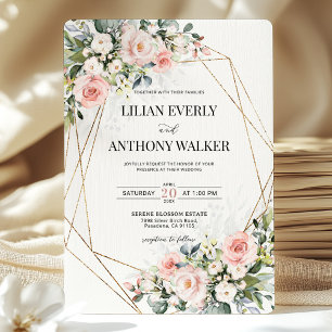 Invitación Boda de Ensueño Floral Rosa Dorado Geométrico