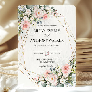 Invitación Boda de Ensueño Floral Rosa Dorado Geométrico
