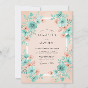 Invitación Boda de Ensueño Floral Turquesa Melocotón