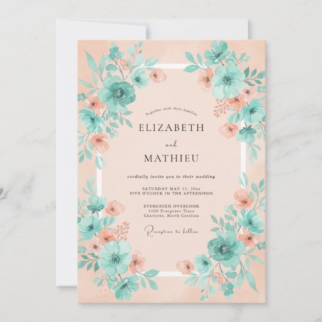 Invitación Boda de Ensueño Floral Turquesa Melocotón (Anverso)