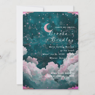 Invitación Boda de ensueño lunar y estrellas en azul verde
