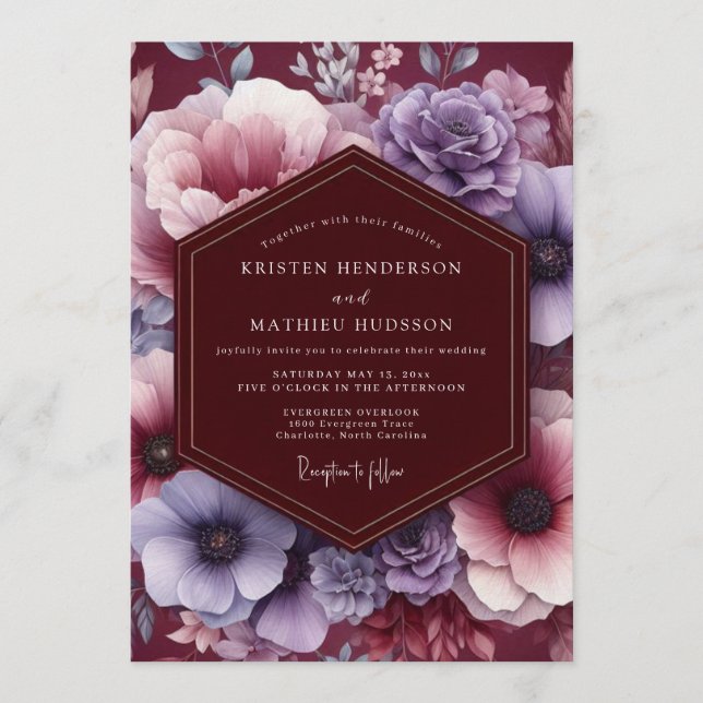 Invitación Boda de ensueño Plum & Blush Moody Bloom (Anverso)