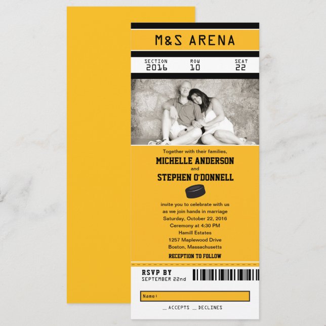 Invitación Boda de entradas deportivas de hockey amarillo y n (Anverso / Reverso)