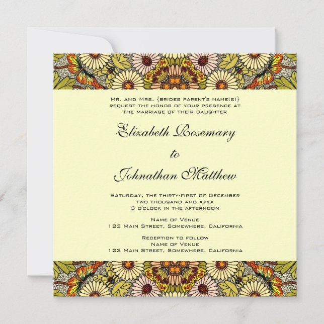 Invitación Boda de época, flores de jardín mariposas florales (Anverso)