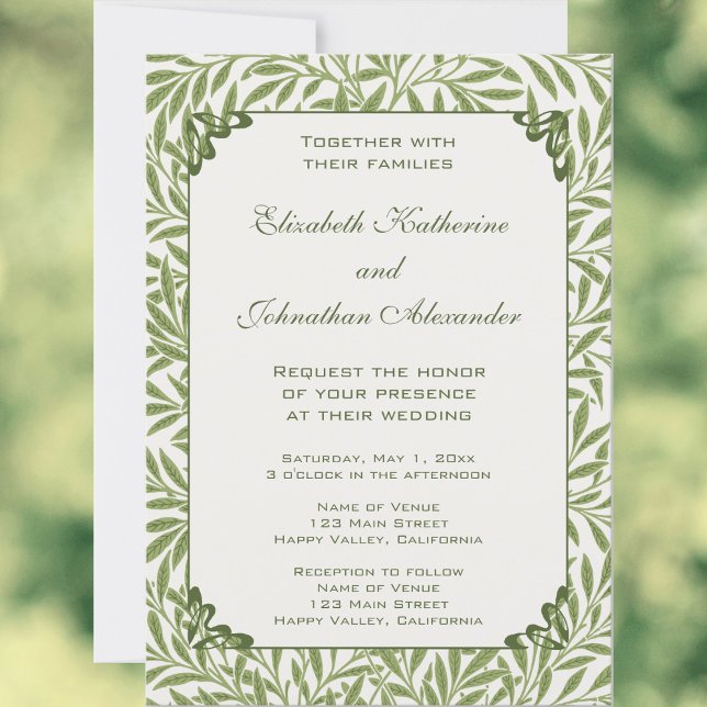 Invitación Boda de época, patrón de hojas salvajes victoriana (Vintage Wedding, Victorian Willow Leaves Pattern by William Morris Wedding Invitation)