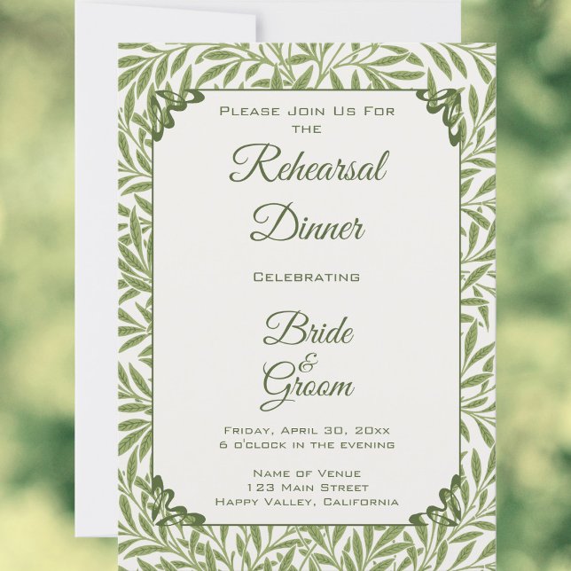 Invitación Boda de época, patrón de hojas salvajes victoriana (Vintage Wedding, Victorian Willow Leaves Pattern by William Morris Rehearsal Dinner Invitation)