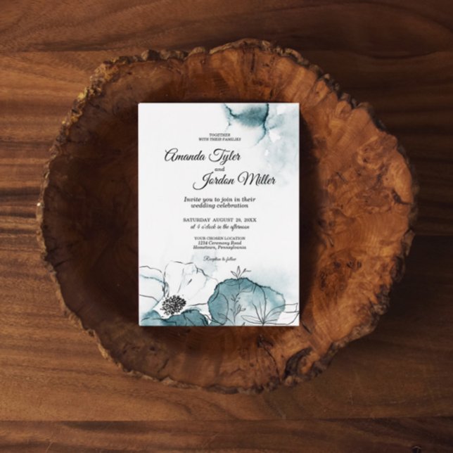 Invitación Boda de esbozo de acuarela verde azulada (Subido por el creador)