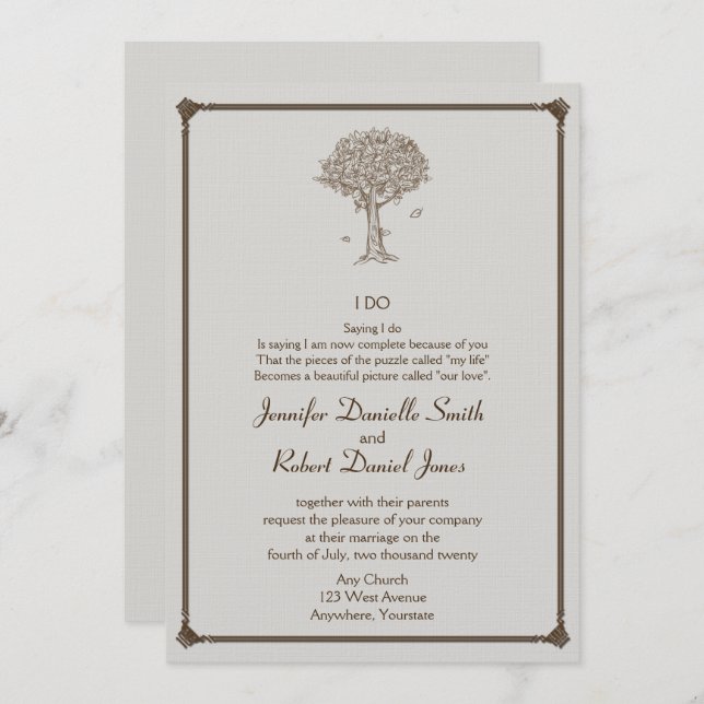 Invitación Boda de esbozo de árbol de roble (Anverso / Reverso)