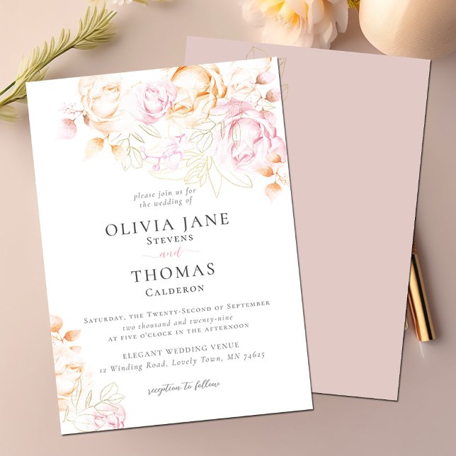 Invitación Boda de esbozo de floral rosa Rubor clásico modern (Subido por el creador)