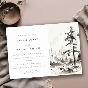 Invitación Boda de Esbozo de Paisaje de las Montañas de Pine