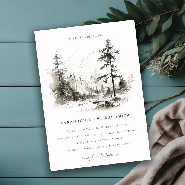 Invitación Boda de Esbozo de Paisaje de las Montañas de Pine  (Subido por el creador)