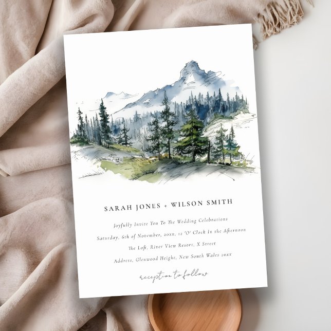 Invitación Boda de esbozo del paisaje montañoso de Blue Green (Subido por el creador)