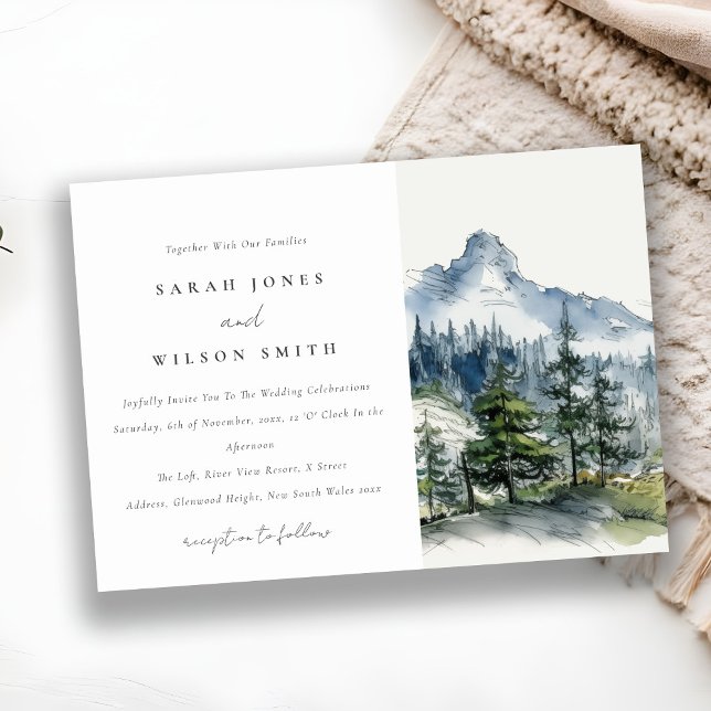 Invitación Boda de esbozo del paisaje montañoso de Blue Green (Subido por el creador)