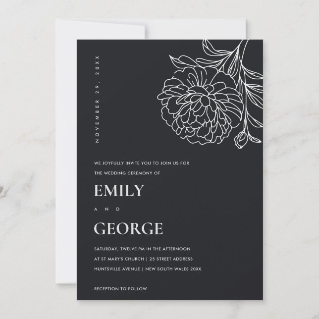 Invitación Boda De Esbozo Floral De Marigold En Blanco Y Negr (Anverso)