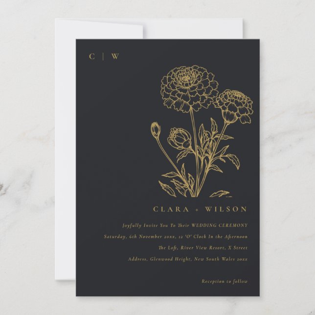 Invitación Boda De Esbozo Floral De Marigold Y Black And Gold (Anverso)