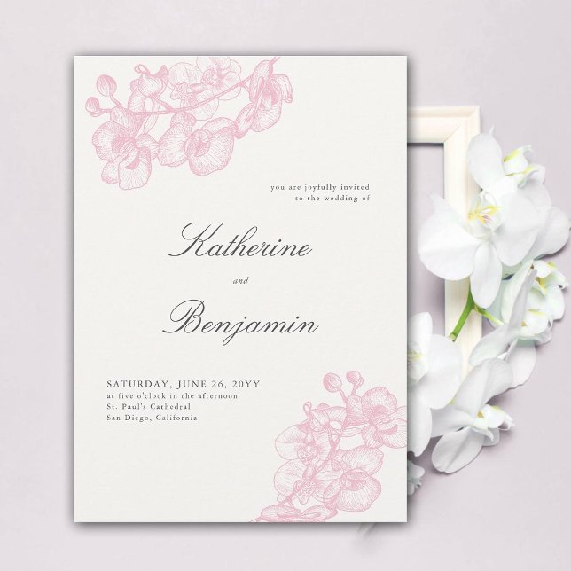 Invitación Boda de esbozo rosa de orquídeas clásicas clásicas (elegant orchids wedding invitation pink floral sketch calligraphy winter summer spring fall formal)