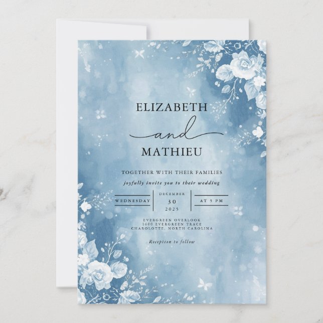 Invitación Boda de escarcha floral azul etérea (Anverso)