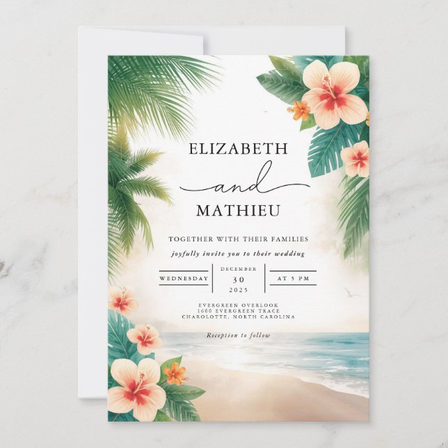 Invitación Boda de escena de la playa de Bloom Tropical (Anverso)