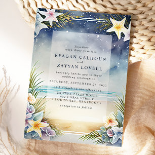 Invitación Boda de Escena de Playa Nocturna Floral Acuarela