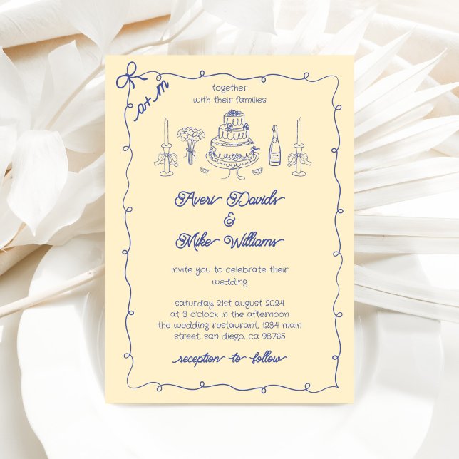 Invitación Boda de escritura a mano amarillo azul dolce vita (Subido por el creador)